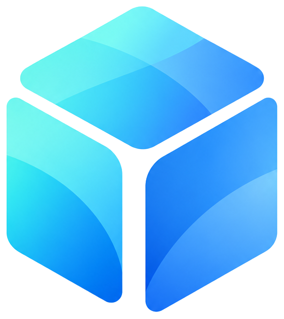 Símbolo geométrico em azul e aqua representando soluções integradas